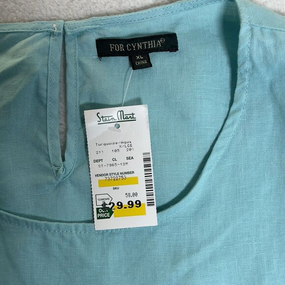 For Cynthia 100% Linen Top Womens Sz XL Turquoise Flutter Short Sleeves - Picture 7 of 10